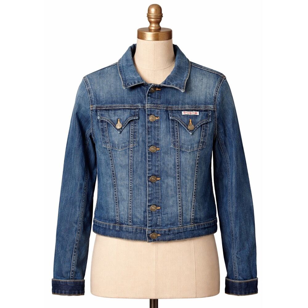 Hudson Denim Trucker Jacket Women L Blue Signature Jean Coat Stretch